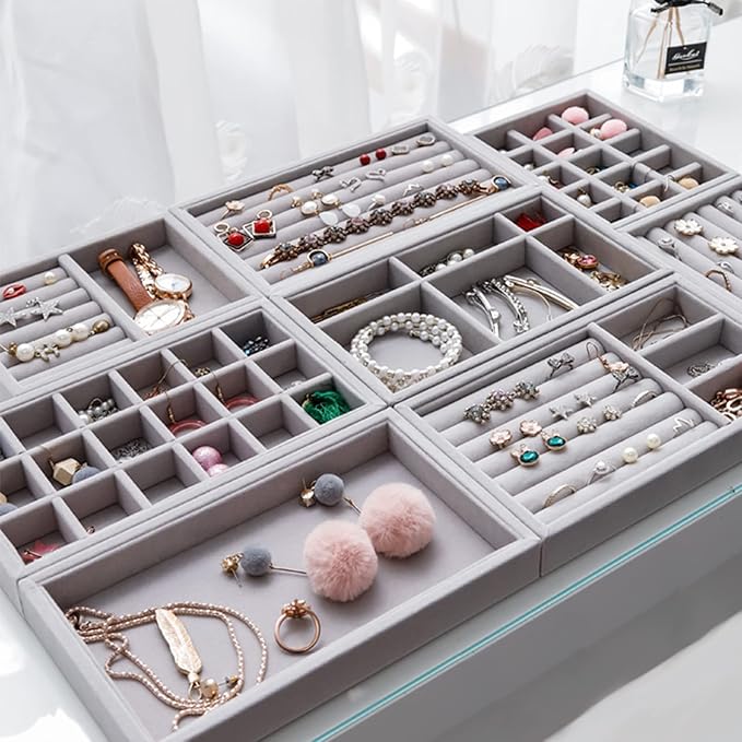yarlung 8 Pack Velvet Jewelry Trays, Drawer Insert Jewelry Organizer Earring and Ring Storage, Divided Jewelry Holder for Bracelet Display, Necklace, Brooch, Watch