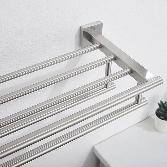 Bathroom Towel Rack with Double Towel Bar Bathroom Hotel Shower Shelf SUS304 Stainless Steel Modern Wall Mounted Holder 28 Inch Brushed Nickel
