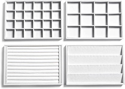 Frebeauty Stackable Velvet Jewelry Organizer Trays for Drawers Inserts Jewelry Storage Tray Display Case, Stud Earrings Bracelets Necklace Rings Accessories Trays for Women(Set of 4)(White)