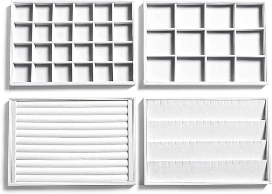 Frebeauty Stackable Velvet Jewelry Organizer Trays for Drawers Inserts Jewelry Storage Tray Display Case, Stud Earrings Bracelets Necklace Rings Accessories Trays for Women(Set of 4)(White)