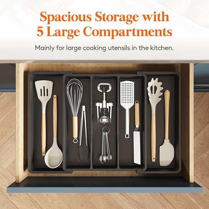 Lifewit Utensil Organizer for Kitchen Drawers, Expandable Cooking Utensil Tray, Adjustable Cutlery Silverware Flatware Holder, Plastic Spatula Tools and Gadgets Storage Divider, Black, 13"-22" x 15"