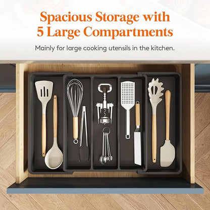 Lifewit Utensil Organizer for Kitchen Drawers, Expandable Cooking Utensil Tray, Adjustable Cutlery Silverware Flatware Holder, Plastic Spatula Tools and Gadgets Storage Divider, Black, 13"-22" x 15"