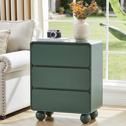 AVZEAR Wooden Night Stand wth 3 Drawer Dresser Mid Century Modern End Table Chest of Drawers, Solid Wood Legs & Curved Profile Design, Farmhouse Side Table for Living Room, Green