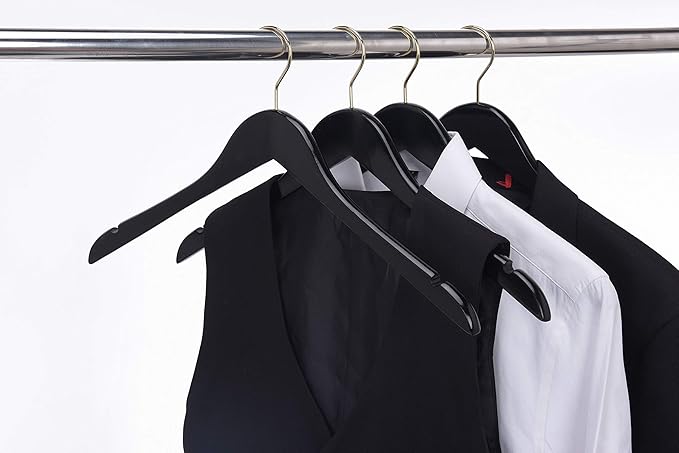 Quality Black Semi Curved Wooden Suit Hangers, 20-Pack Smooth Finish Solid Wood Coat Hanger with Swivel Hook, Jacket, Pant, Dress Clothes Hangers (Black - Gold Hook, 20)