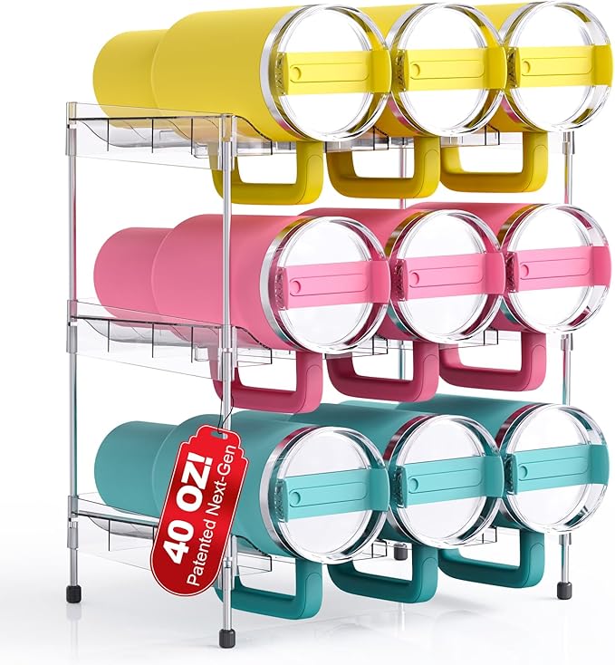 Reusable Stackable with Handle Compartment Water Bottle Tumbler Organizer for Stanley 40oz with Handle Cup, Stanley Accessories for Pantry, Cabinet & Kitchen Organization and Storage,3 Tier Hold 9