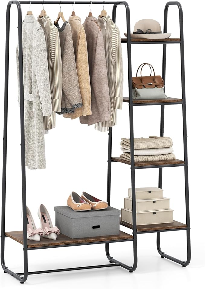 COSTWAY Clothes Rack with Shelves, Heavy Duty Garment Rack with Hanging Rod, 5-tier Shelves, Adjustable Foot Pads, Closet Organizer, Freestanding Wardrobe Clothing Racks for Hanging Clothes (Black)