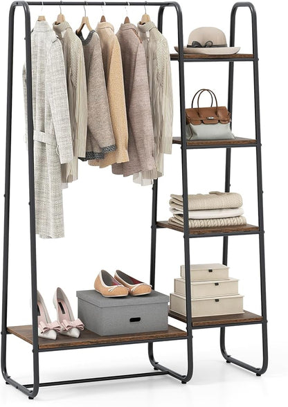 COSTWAY Clothes Rack with Shelves, Heavy Duty Garment Rack with Hanging Rod, 5-tier Shelves, Adjustable Foot Pads, Closet Organizer, Freestanding Wardrobe Clothing Racks for Hanging Clothes (Black)