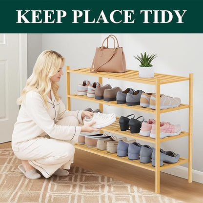 Smiry Long Bamboo Shoe Rack 4-Tier, Stackable Wooden Shoe Organizer for Entryway & Closet, Free Standing Wood Shoe Storage Shelf for Front Door & Small Spaces, Natural
