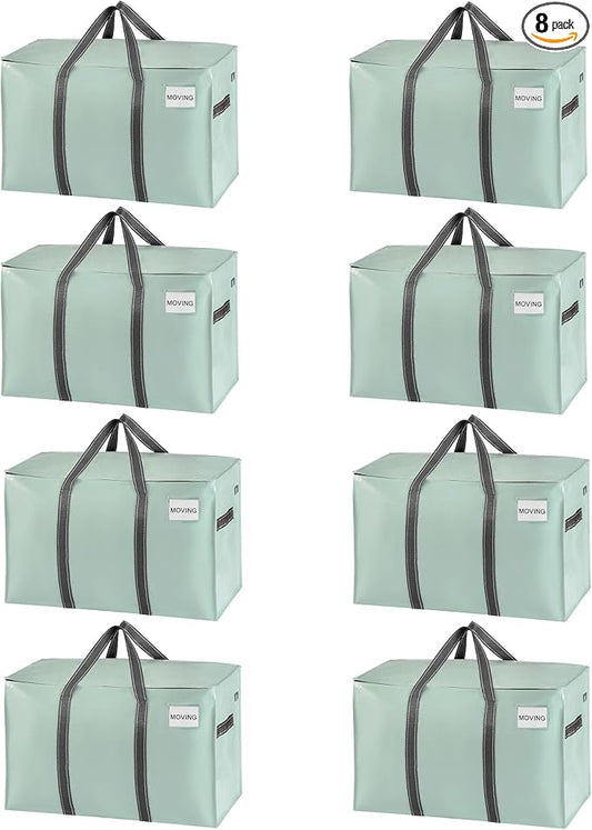 VENO 8 Pack Moving Bags and Large Christmas Storage Bins with lids. Alternative to Moving Boxes, Packing Supplies for College. Extra Large Heavy Duty Totes for Packaging (Shiny Light Green, 8 Pack)