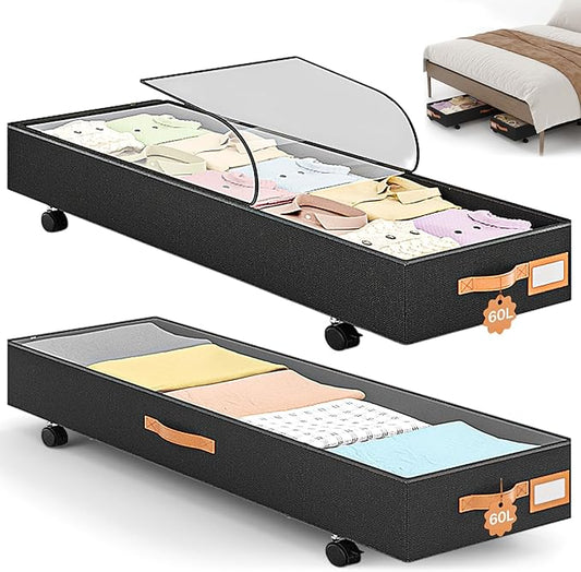 Under Bed Storage with Wheels 39inch, Extra Long Underbed Storage Containers 60L Large Capacity Rolling Under Bed Storage with Clear Lids,XXL Shoe Organizer Under Bed for Bedroom, Closet, Drawers,Toys