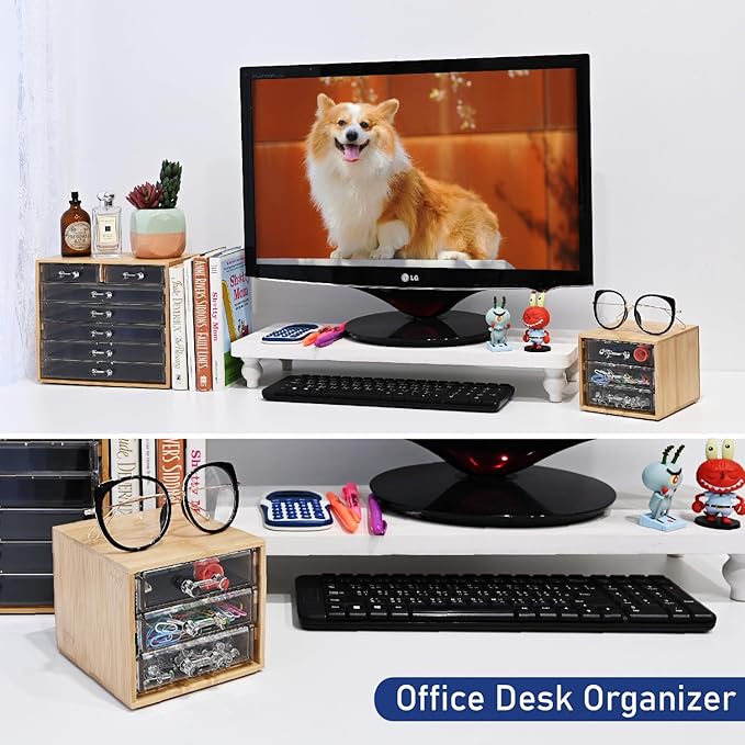 Ikee Design Bamboo Makeup Organizer, Desktop Drawer Organizer with Three Clear Acrylic Drawers, Office Desk Organizer for Lipsticks, Cosmetics, Jewelry, and Accessories for Vanity, Home