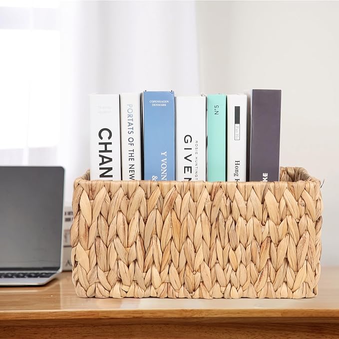 FEIALNDUO Wicker Shelf Baskets, Woven Storage Bins for Shelves Pantry Organizers and Storage with Handles Home Decor (Natural, 13.4"D x 9.4"W x 6.5"H)