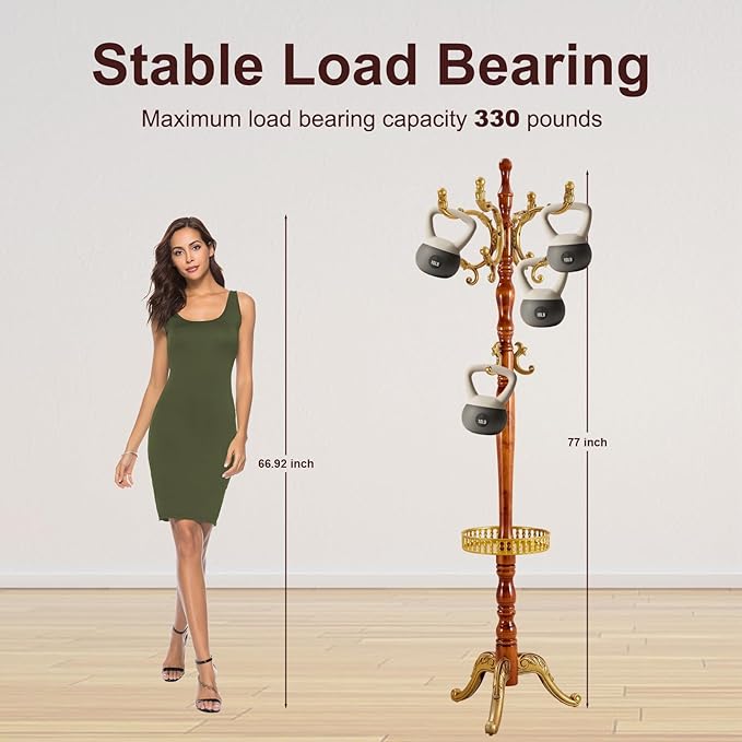 Solid Wood Coat Rack – Freestanding Coat Racks Stand with Hooks & Stable Base, Adjustable Height Modern Wooden Hall Tree for Entryway, Bedroom, Office, Home (H12 Begonia)