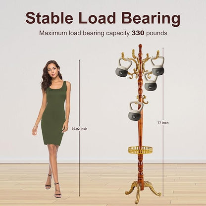 Solid Wood Coat Rack – Freestanding Coat Racks Stand with Hooks & Stable Base, Adjustable Height Modern Wooden Hall Tree for Entryway, Bedroom, Office, Home (H12 Begonia)