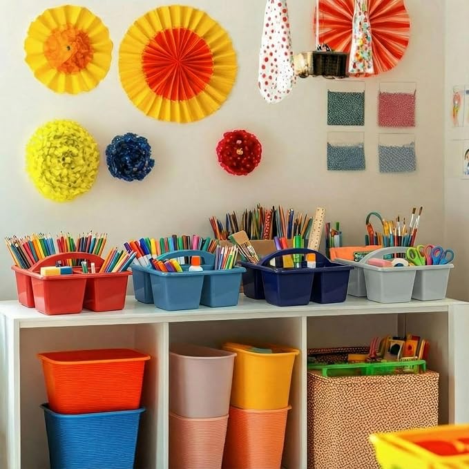 Kathfly 4 Pack Caddy Organizer with Handle, Stackable Organization Storage, Small Plastic Basket Classroom Caddy for Table Desk Office Pencil Kids Room Craft Art Teacher School Supplies (Blue Orange)