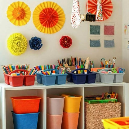 Kathfly 8 Pack Caddy Organizer with Handle, Stackable Organization Storage, Small Plastic Basket Classroom Caddy for Table Desk Office Pencil Kids Room Craft Art Teacher School Supplies (Blue Red)