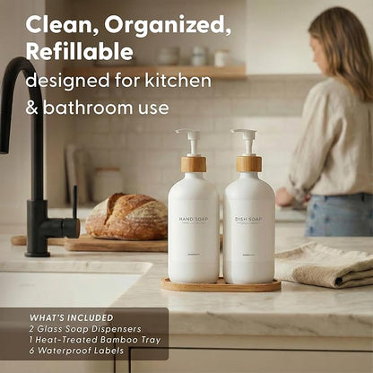 MaisoNovo Glass Soap Dispenser Bathroom Set | Hand Soap and Dish Soap Dispenser Set | 16.9oz White Bottles with White Bamboo Pump | Bathroom Lotion Dispenser with Pump Set of 2