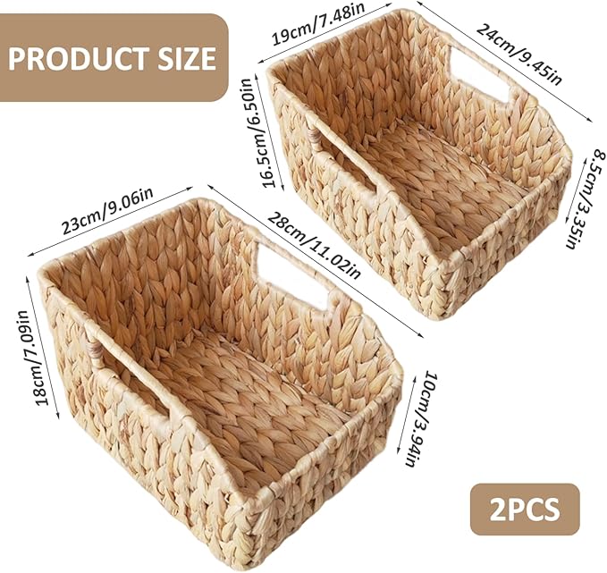 2Pcs Woven Basket Water Hyacinth Wicker Storage Basket with Build-in Handle Rustic Pantry Baskets Organizer for Kitchen Shel
