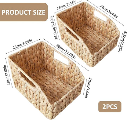 2Pcs Woven Basket Water Hyacinth Wicker Storage Basket with Build-in Handle Rustic Pantry Baskets Organizer for Kitchen Shel