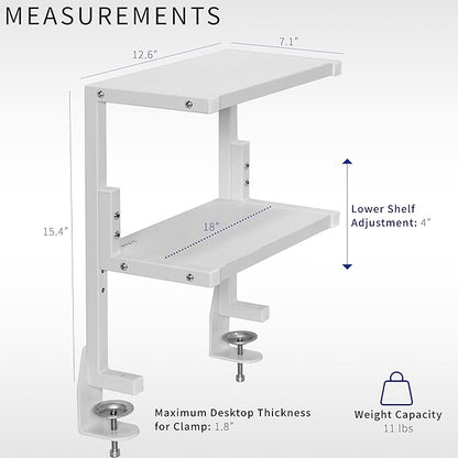 VIVO Clamp-on 13 inch Above or Below Desk 2-Tier Shelving Unit for Table Accessories, Gaming Devices, and More, Storage Tray, Desktop Organizer, White, STAND-SHELF2CW