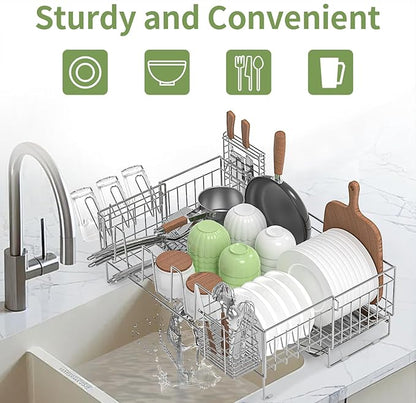 Large Dish Drying Rack - Rust Resistant Dish Rack,Expandable Kitchen Counter,Drainage Board with Sloped Design,Removable Cutlery Holder,Cup Knife Holder,Easy-to-Clean Full Hollow Design-Silver-L
