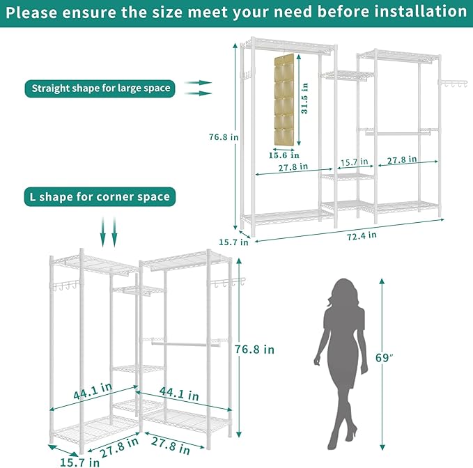 Heavy Duty Garment Rack, Portable Wardrobe Clothes Rack Freestanding Adjustable Clothing Rack with 7 Tiers Adjustable Wire Shelving and 4 Hanger Rods, Max Load 920LBS, White