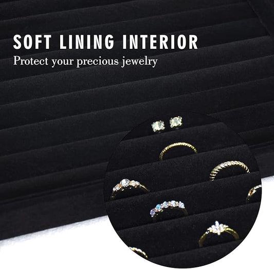 Rings Organizer Tray 10 Slots Velvet Ring Display Tray Insert Jewelry Earring Storage Box with Transparent Glass lid Can Hold 100 Rings Earrings Suitable for Girls and Women (Black)