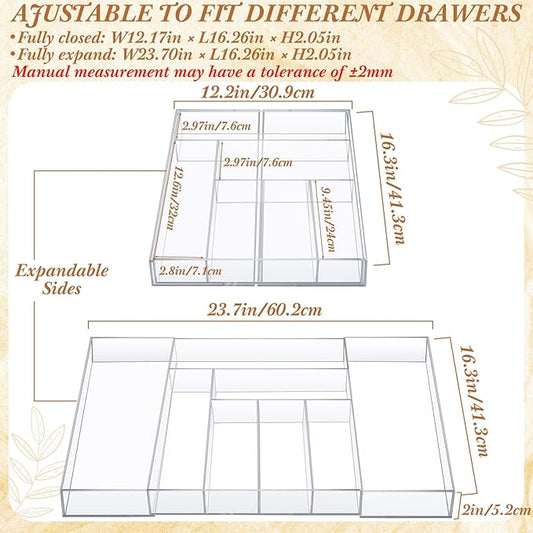 1 Pack Expandable Kitchen Drawer Organizer Clear Acrylic Utensil Organizer Adjustable Acrylic Silverware Storage for Drawers Silverware Flatware Knives (12 x 16 Inches,6-8 Compartments)