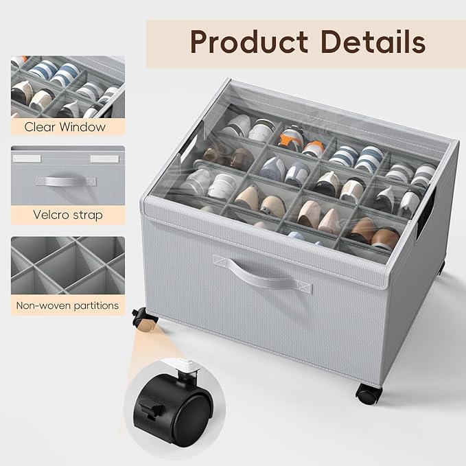 HOUSE AGAIN 2 Pack Shoe Organizer for Closet, Shoe Storage Boxes with 360° Wheels, Sturdy Metal Frame Fits up to 16 Pairs, Boots&Shoes Cubby Storage Containers with Adjustable Dividers and Clear Cover
