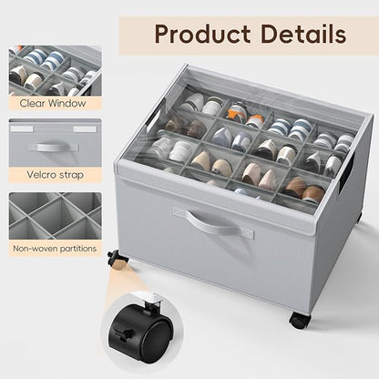 HOUSE AGAIN 2 Pack Shoe Organizer for Closet, Shoe Storage Boxes with 360° Wheels, Sturdy Metal Frame Fits up to 16 Pairs, Boots&Shoes Cubby Storage Containers with Adjustable Dividers and Clear Cover