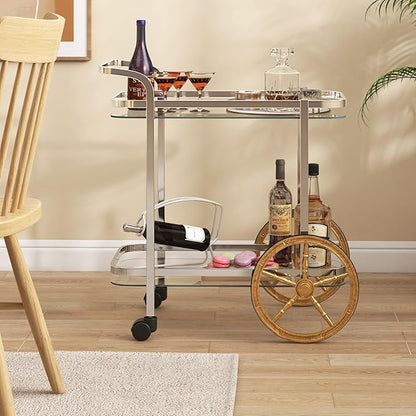 Tangkula Bar Cart for The Home, 2-Tier Rolling Tempered Glass Serving Cart, 2 Large Gold Aluminum Wheels & 2 Casters, Handle, Stainless Steel Frame, Modern Wine Cart for Kitchen Dining Room