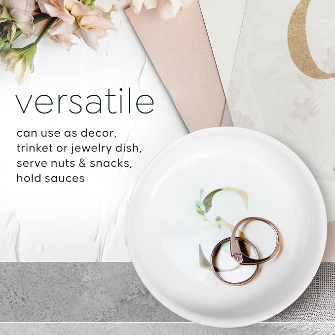 Trinket Tray Ring Dish with Personalized S in Gold Foil and Greenery - White Ring Dish - Monogrammed Trinket Dish or Jewelry Bowl - Cedar & Ink (S)