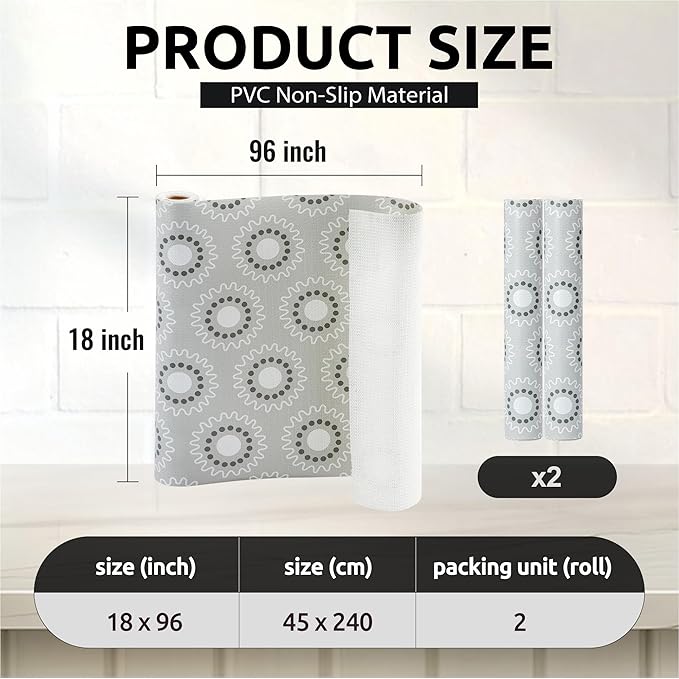 FIFTY FEET 18X96 Inch Shelf Liner for Kitchen Cabinets, PVC Drawer Liner for Dresser Non-Slip Bathroom, Non-Adhesive Cabinet Liner Washable (Grey Circle)(2 Roll)