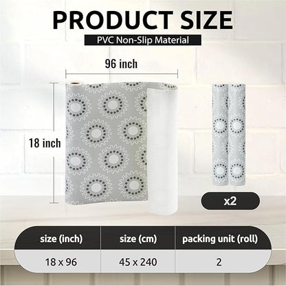 FIFTY FEET 18X96 Inch Shelf Liner for Kitchen Cabinets, PVC Drawer Liner for Dresser Non-Slip Bathroom, Non-Adhesive Cabinet Liner Washable (Grey Circle)(2 Roll)