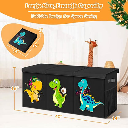 Extra Large Toy Box, Collapsible Toddlers Toy Chest Kids Storage Organizer, Dinosaur Bin Boxes Storage Basket with Lids for Boys, Girls, Living Room, Nursery, Playroom, 40"x14"x16", Black