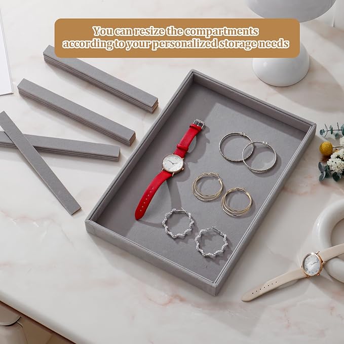 KATISYIO Large Velvet Jewelry Tray 2 Pack Stackable Jewelry Display Drawer Inserts Trays Organizer for Earring Bracelet Necklace Ring (Gray, 16 Grids)