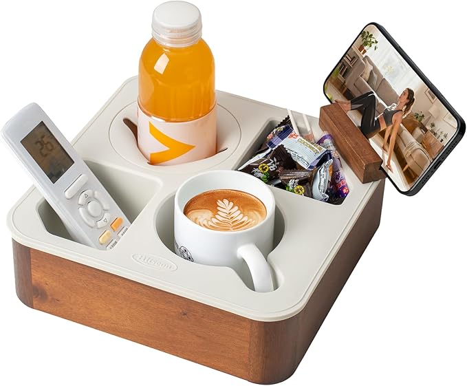 Couch Cup Holder Tray, Acacia Wooden Couch Caddy with Rotatable Phone Holder for Bed Organizer, Waterproof Anti-spill Sofa Cup Holder for Snacks Beverage Remote White