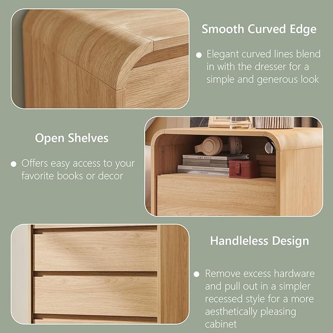 Aitjunz 25" Tall Modern Nightstand Set of 2, 23.6'' Wide Wood Bedside Table w/2 Storage Drawers, Charging Station, Mid Century End Table for Bedroom, Living Room,Curved Profile Design, Natural Oak | Modern, Set of 2, Bedside Table, 2 Storage Drawers, C...