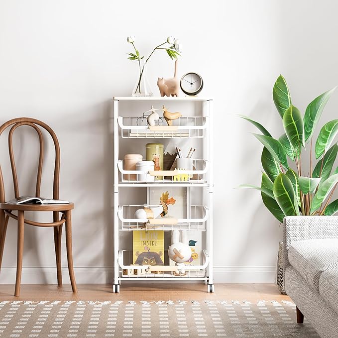 JAQ Fruit Basket for Kitchen, 5-Tier Slide Out Storage Baskets Carts Organizers Drawers with Wood Top Table with Rolling Wheels for Snacks Vegetables Vianderos Para Cocina Modernos (White, 5 Layer)