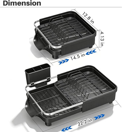 Kmiectse Dish Drying Rack – Expandable Dish Rack for Kitchen Counter, Stainless Steel Dish Drainer with Utensil Holder, Black