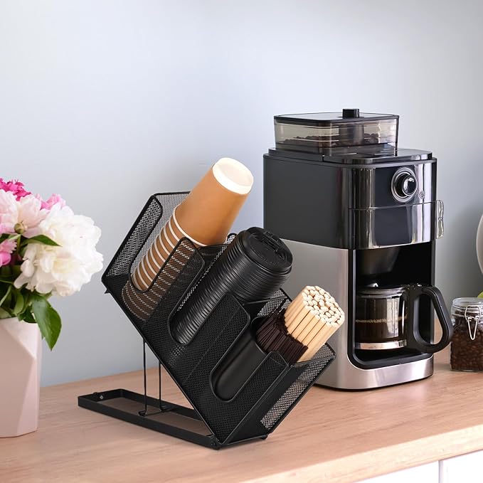 Disposable Coffee Cup Holder with Straw Organizer, Paper Cup and Lid Holder Dispenser for Coffee Station Bar Countertop Restaurant Breakroom, Black