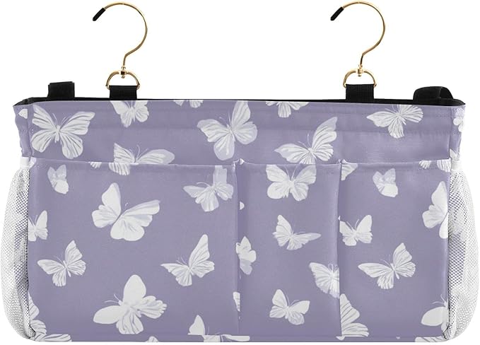 CuwrYet Bedside Caddy Hanging Bunk Bed Caddy Bed Organizer Hanging Pocket with 2 Hooks Bedside Storage Organizer Pocket Bag Holder White Butterfly Purple