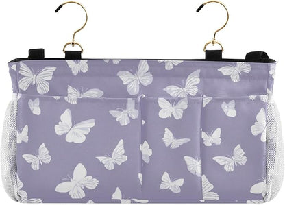 CuwrYet Bedside Caddy Hanging Bunk Bed Caddy Bed Organizer Hanging Pocket with 2 Hooks Bedside Storage Organizer Pocket Bag Holder White Butterfly Purple