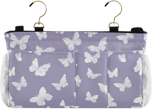 CuwrYet Bedside Caddy Hanging Bunk Bed Caddy Bed Organizer Hanging Pocket with 2 Hooks Bedside Storage Organizer Pocket Bag Holder White Butterfly Purple