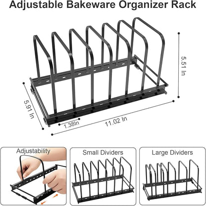 Cutting Board Organizer Rack, 1-Pack Adjustable Bakeware Organizer Holder for Cabinet Countertop, 7 Slots Metal Rack Cookie Baking Sheet, Pot Pan Lids Divider Kitchen Organization Storage, Black