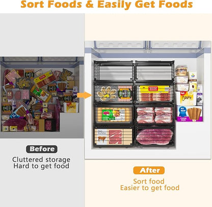 NADAMOO Freezer Organizer Bins, 4 Packs Large Expandable Stackable Chest Freezer Containers with Handle, Metal Adjustable Storage Baskets for Fridge, Deep Freezer, Cabinet, Kitchen, Pantry - Black