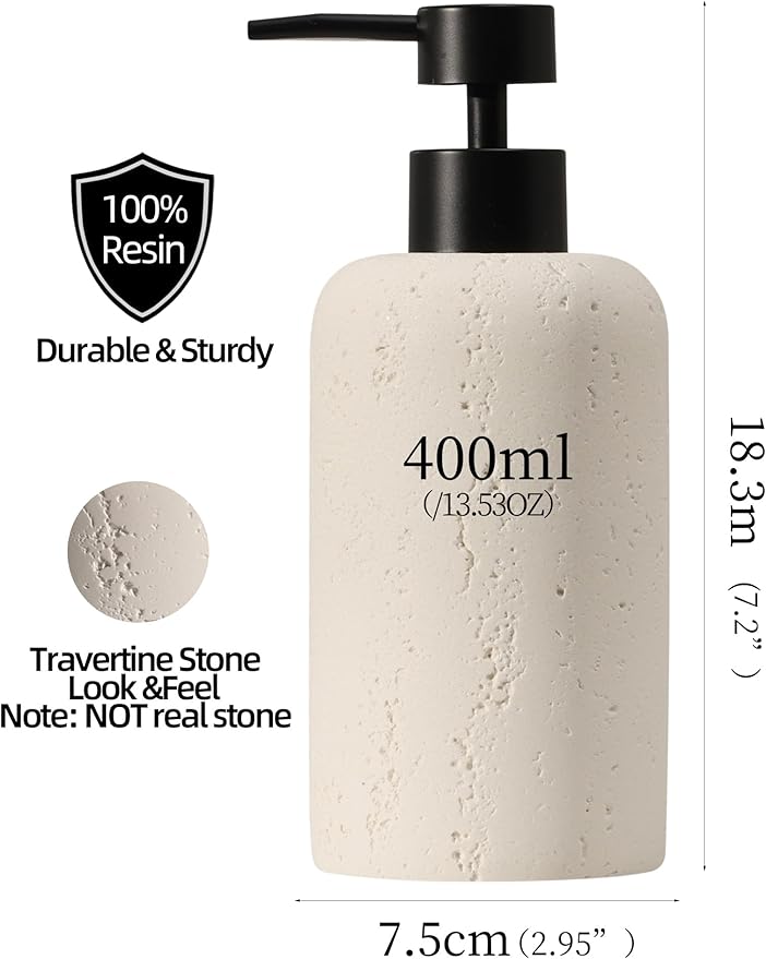 Haocoott Soap Dispensers 400mL 13.5 OZ, 2 PCS Luxurious Hand Dish Lotion Shampoo Soap Dispenser Jar, Travertine Soap Pump Bottles for Kitchen Bathroom Countertop (Cream)