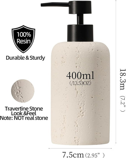 Haocoott Soap Dispensers 400mL 13.5 OZ, 2 PCS Luxurious Hand Dish Lotion Shampoo Soap Dispenser Jar, Travertine Soap Pump Bottles for Kitchen Bathroom Countertop (Cream)