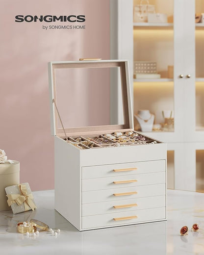 SONGMICS Jewelry Box Organizer with Glass Lid, 6-Layer Jewelry Storage, with 5 Drawers, Modern Style, 8 x 9.1 x 9 Inches, Cloud White and Gold Color UJBC176W01