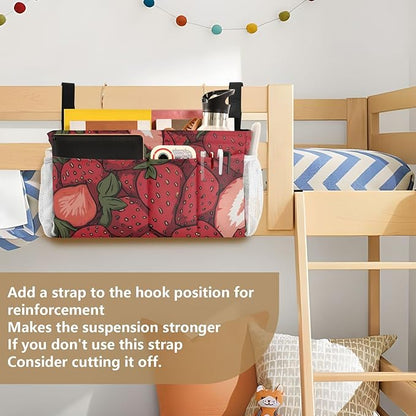 CuwrYet Bedside Caddy Hanging Bunk Bed Caddy Bed Organizer Hanging Pocket with 2 Hooks Bedside Storage Organizer Pocket Bag Holder Cartoon Red Strawberry